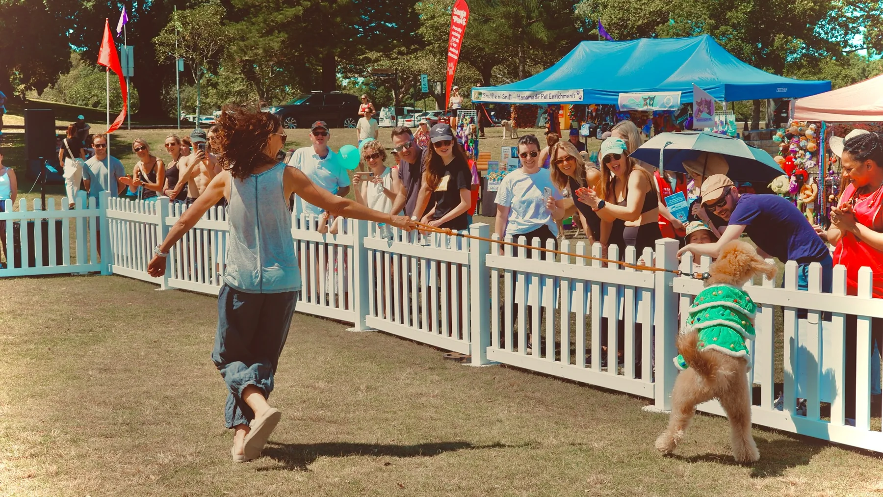 Dog parade and visitors at a fundraising event in Centennial Park