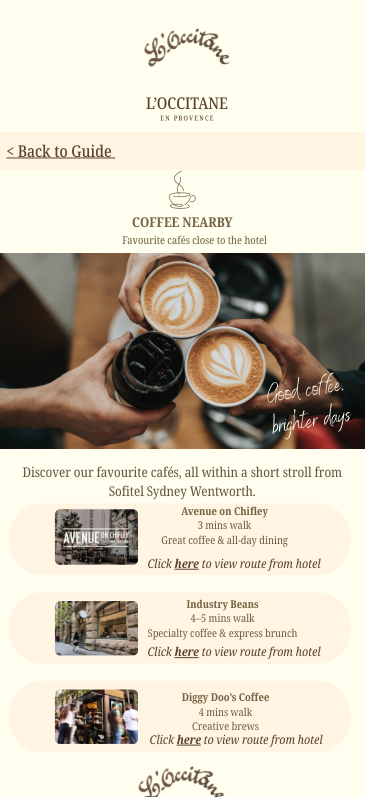 Original coffee section of the guide showing nearby café recommendations