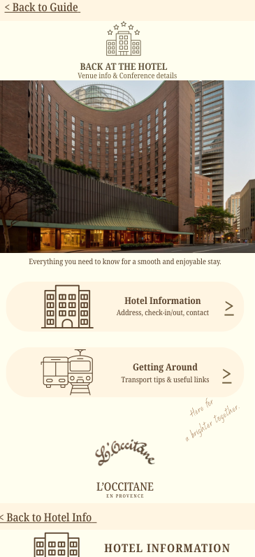 Hotel information screen with address, check-in and transport categories