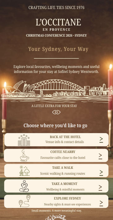 Original mobile guide landing screen with quick navigation to hotel information, cafés, walks, wellness and Sydney sights