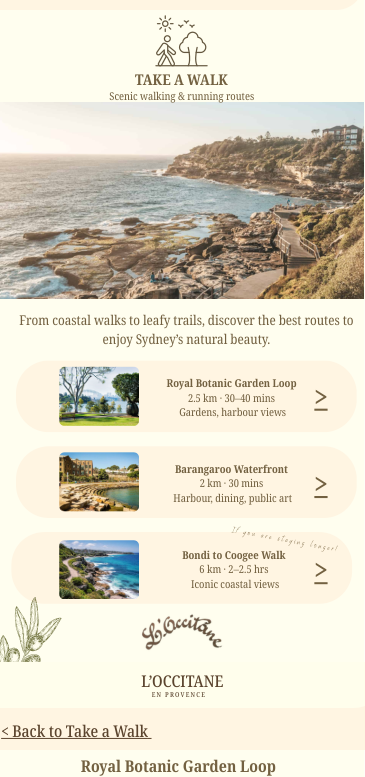 Original walking guide section with scenic routes around Sydney